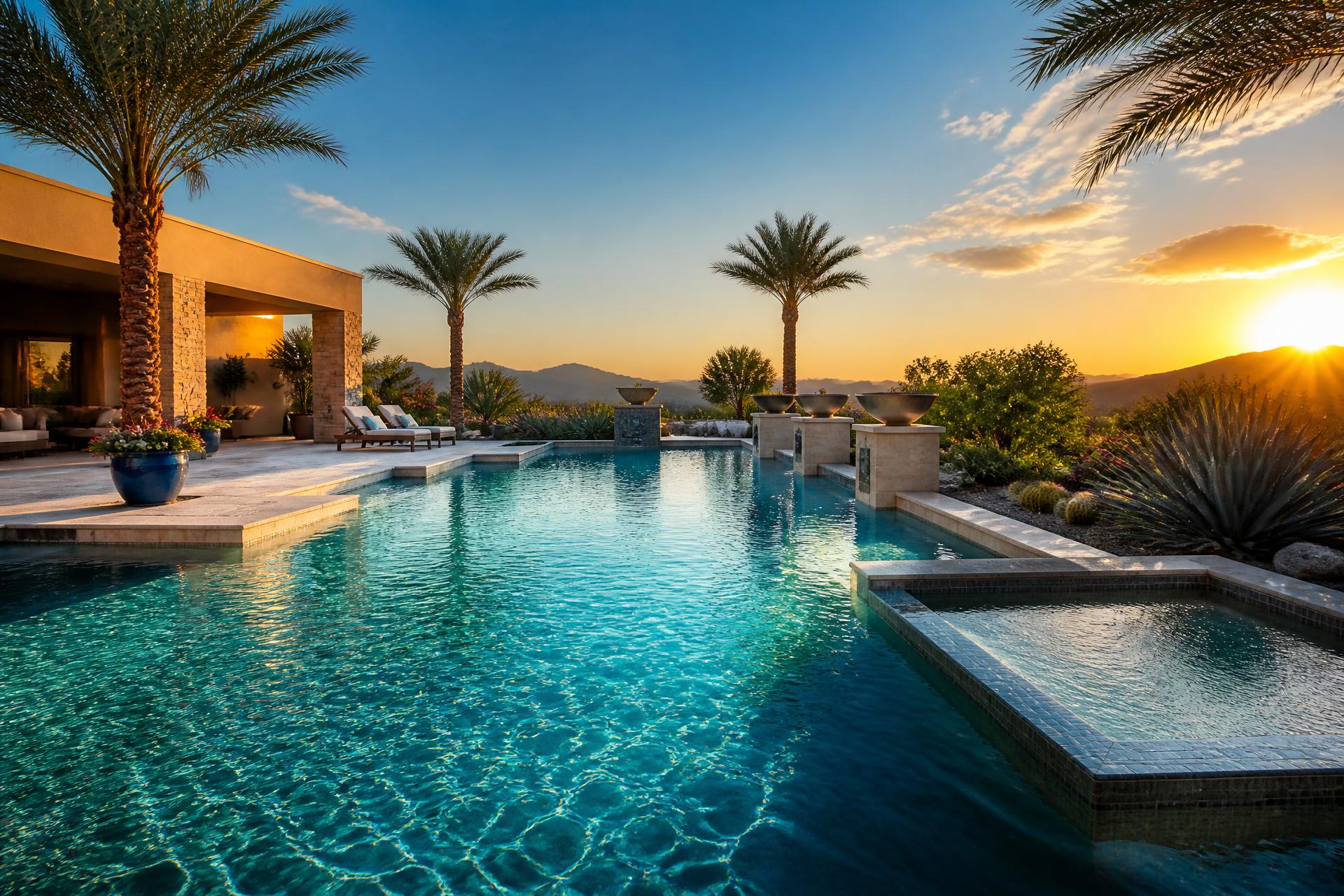 Luxury Phoenix backyard pool at golden hour